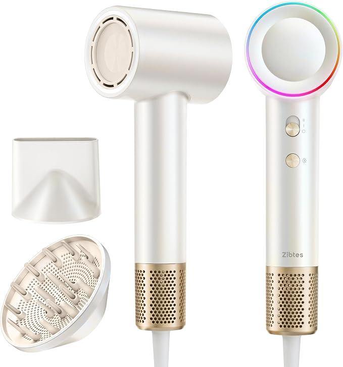 Zibtes High-Speed Hair Dryer with Diffuser, Ionic Blow Dryer (White) | 160000 RPM Fast Drying, 500M Ions El...