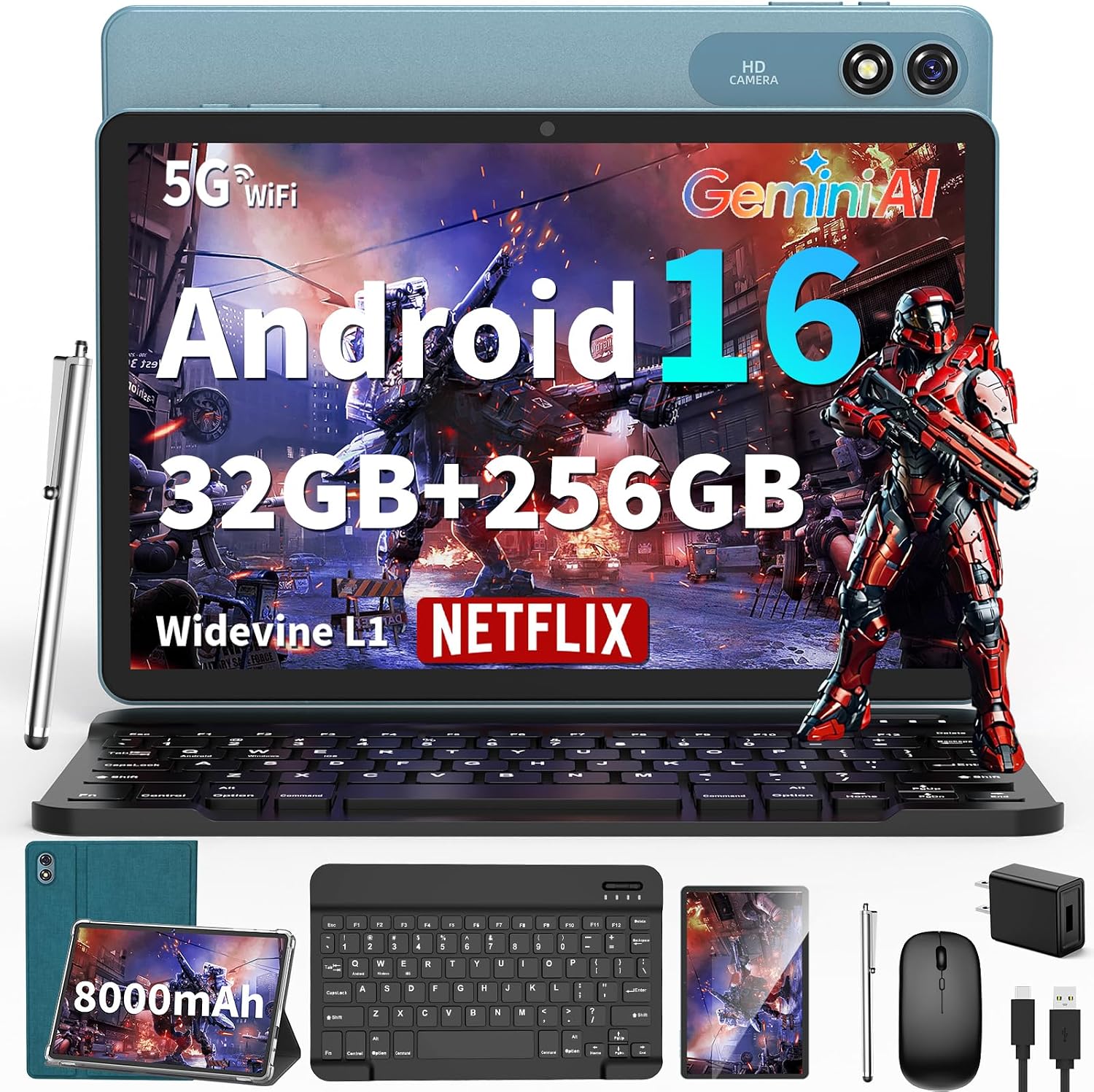 2026 Android 16 Tablet 10 inch - 32GB+256GB+2TB Expand, Gemini AI (Green) | Tablet with Keyboard, 8-Core, 8000mAh, GMS, GPS, 2 in 1 Tablet with Case, Mouse, Stylus, for Study, Business & Entertainment