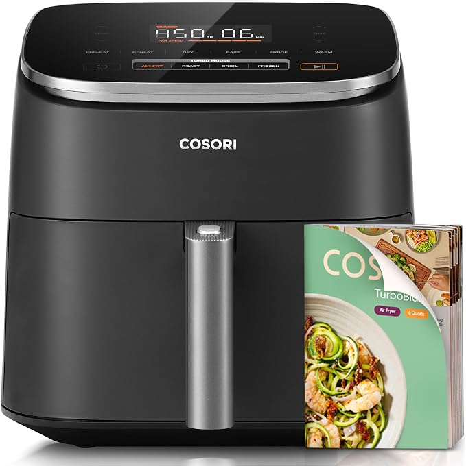 Cosori TurboBlaze Air Fryer, 9-in-1, 6 Qt, PFAS-Free Ceramic Coating 90°-450°F, 5 Fan Speeds, Air Fry, Roast, Broil, Frozen, Bake, Dry, Proof, 95% Less Oil, Safety Lock, Dishwasher-Safe, 1725W