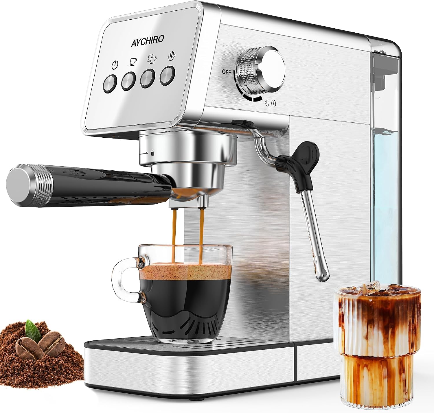 AYCHIRO 20-Bar Espresso Machine with Milk Frother, Professional Espresso Coffee Machine for Home, Stainless Steel Cappuccino Maker, Removable Water Tank & Drip Tray, Silver