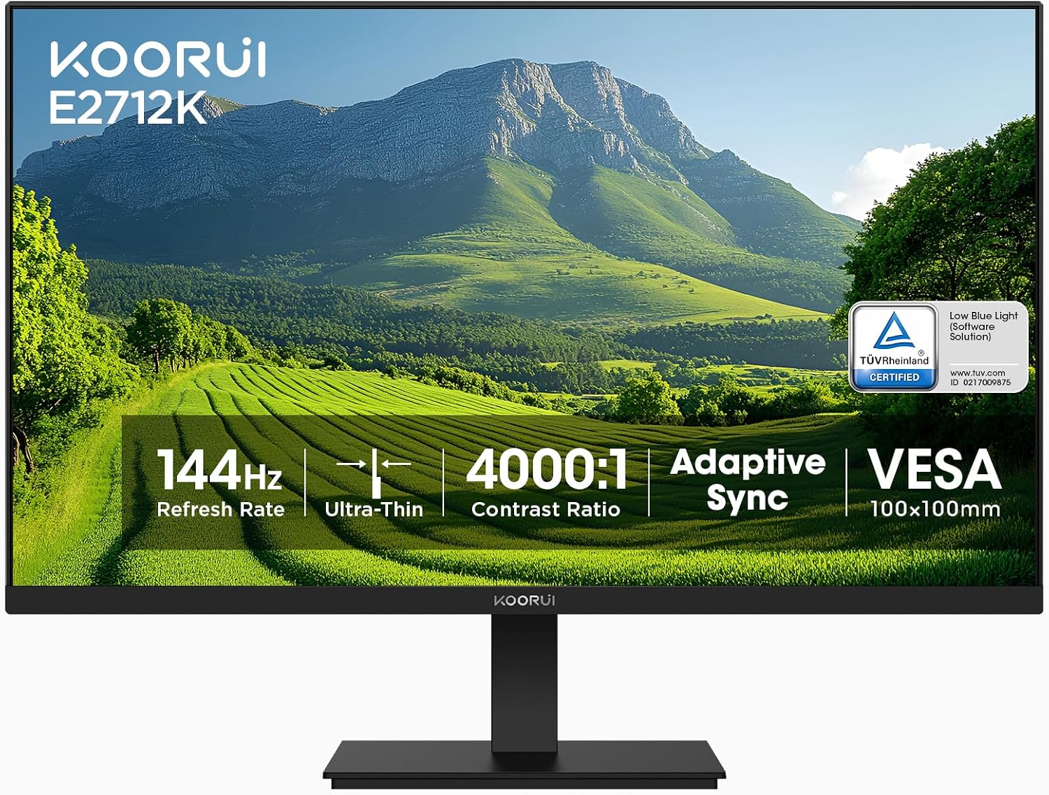 KOORUI 27 Inch Computer Monitor 144Hz FHD 1080p VA Display for Work & Play | 4000:1 Contrast Ratio, Adaptive Sync, Eye Care TÜV Rheinland Certified, Slim Bezels, HDMI/VGA, VESA & Tilt for Home Office