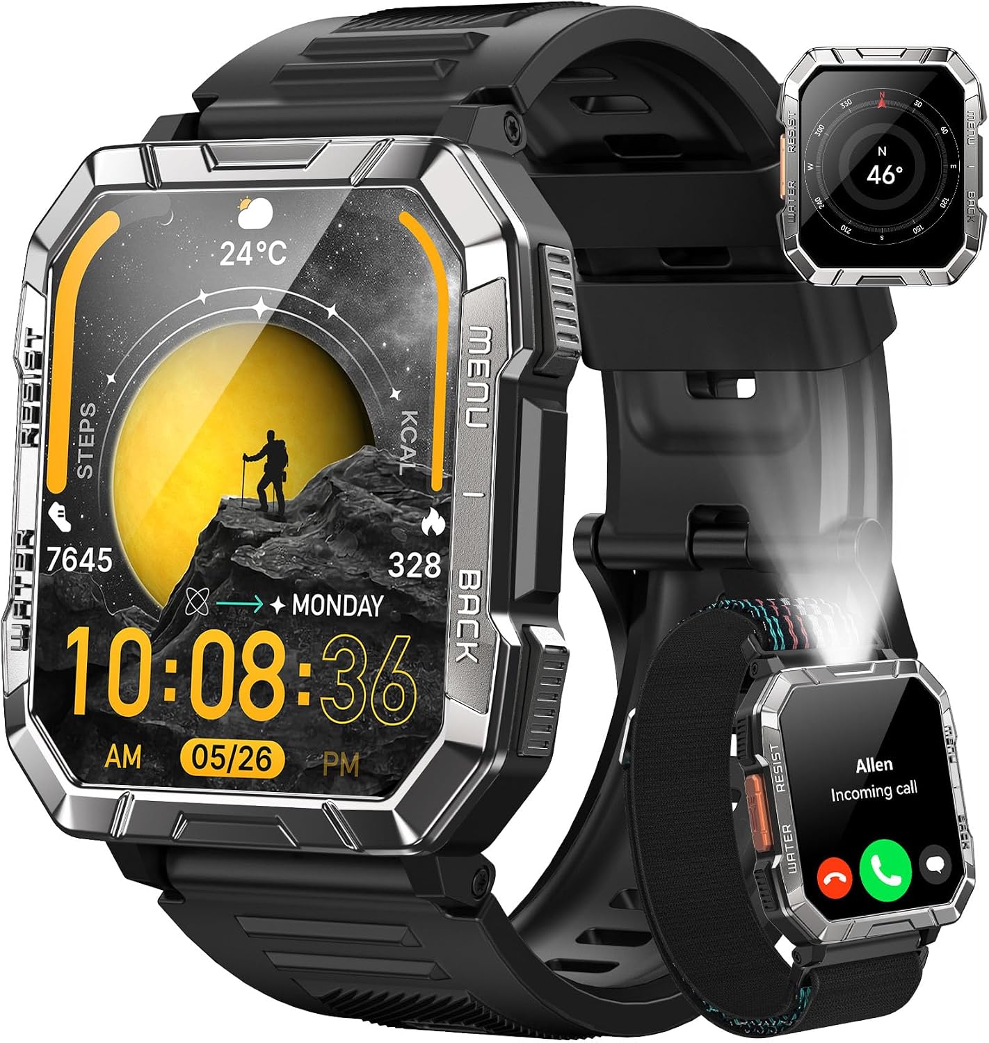 Military Smart Watch for Men with 100-Day Standby/Flashlight/Compass 2 Straps/Heart Rate/Sleep Monitor,120 Sport Modes,Answer/Make Calls, IP68 Waterproof,Rugged Smartwatch for iPhone/Android