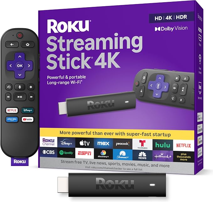RokuStreaming Stick 4K with Voice Remote - HDR10+ & Dolby Vision Compact 4K Streaming Device for TV with Roku Voice Remote & Long-Range Wi-Fi - Free & Live Local News, Sports
