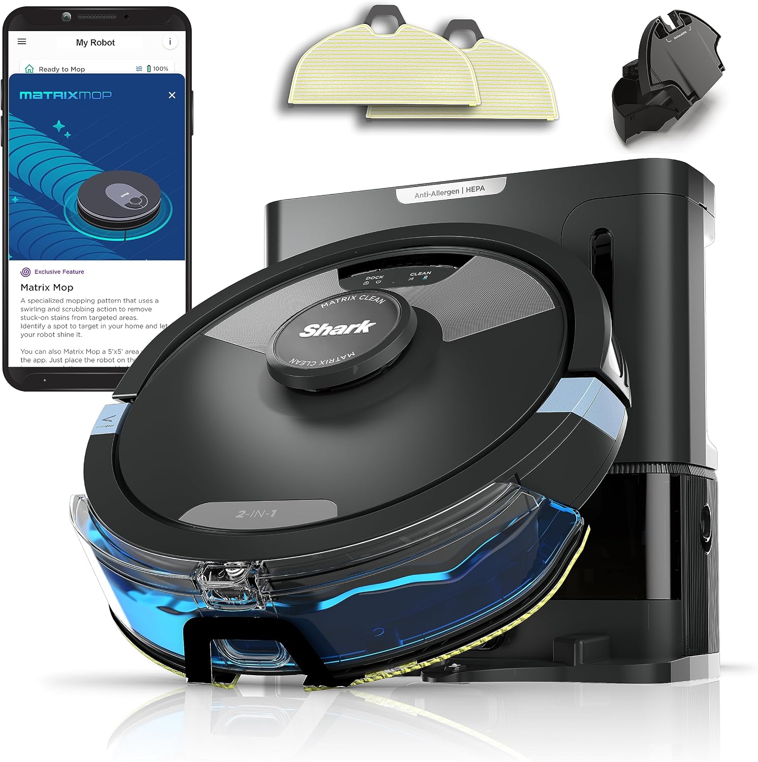 Shark Matrix Plus 2-in-1 Robot Vacuum & Mop, Black/Silver,RV2610WA | Sonic Mopping, Matrix Clean, CleanEdge, HEPA 60-Day Self-Empty Base, 360° LiDAR Mapping, Self-Cleaning Brushroll, Wi-Fi