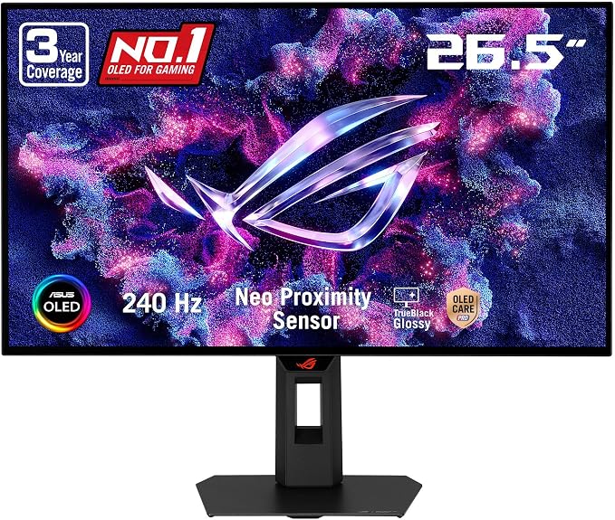 ASUS ROG XG27AQDMGR 27 Inch 1440p 240Hz Glossy OLED HDR Gaming Monitor 0.03ms, OLED Care Pro, TrueBlack Glossy, Neo Proximity Sensor, ELMB Sync, DisplayHDR 400, DCI-P3 99%, for PS5 and Xbox